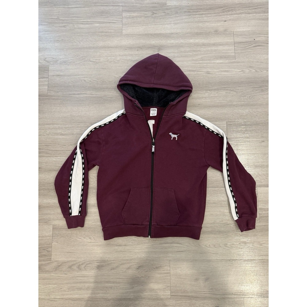 Victoria's Secret PINK Burgundy Faux Fur Hood Zip Up Hoodie Sequins Logo M